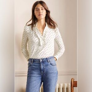 Boden Polka Dot White Ruffle Front Jersey Blouse Sz 14 L $98